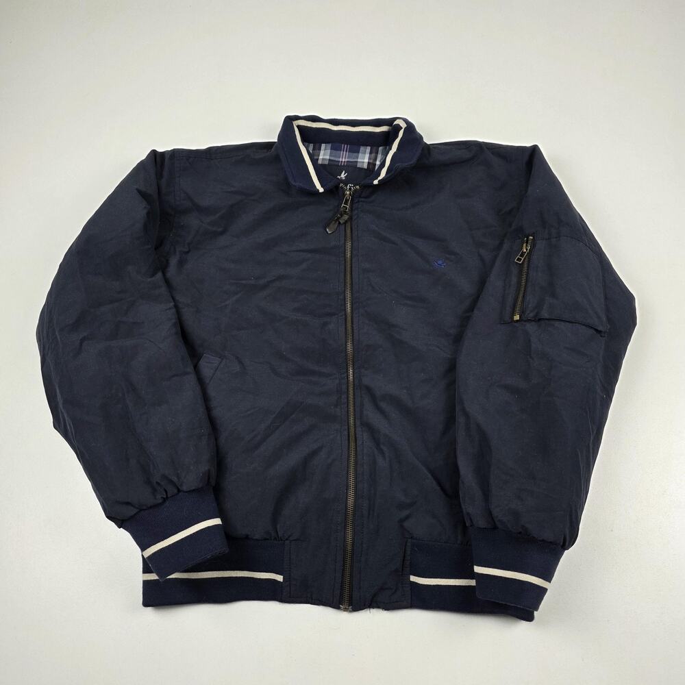 Brooksfield Jacket Mens Medium‎ Navy Bomber Zip Plaid Lined Rib Knit Cuffs Hem